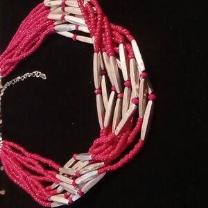 Premier design glass fuchsia seed beads with silver bars layered 18+4 in long